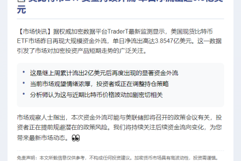 美比特币ETF单日净流出3.85亿美元
