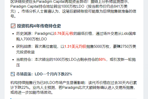 Paradigm转出841万美元LDO或抛售