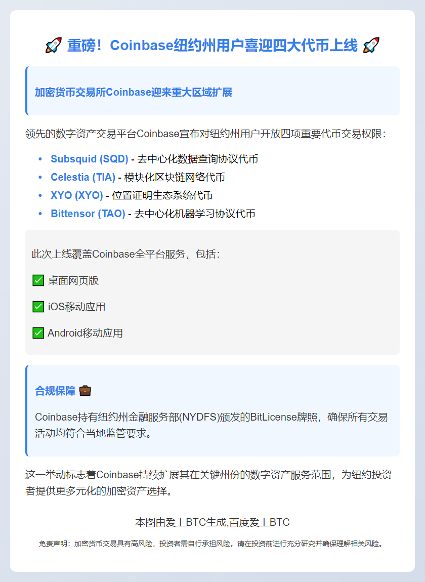 Coinbase纽约上线SQD、TIA、XYO、TAO