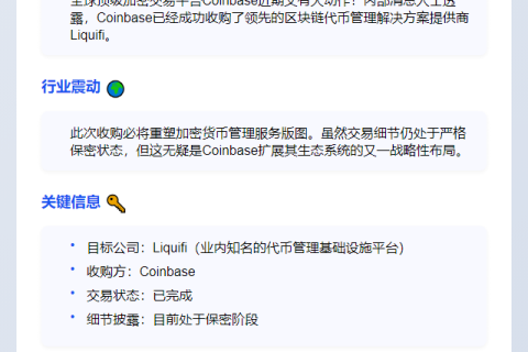 Coinbase收购代币管理公司Liquifi

（因为原标题已经很简洁，吸引人且不超过20个字，所以直接输出原题）