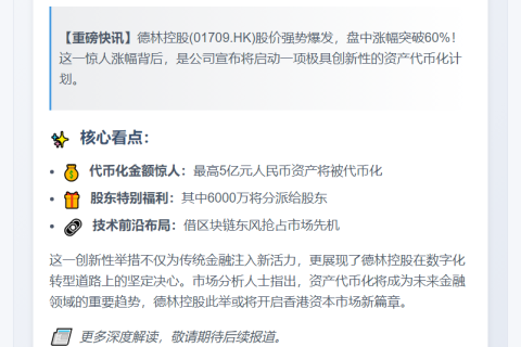 德林控股拟代币化5亿资产，股价暴涨60%