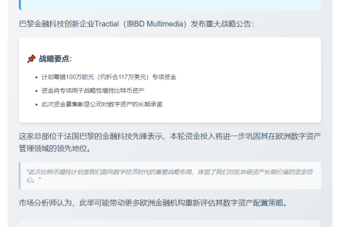 Tractial 拟筹百万欧元加仓比特币