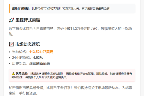 BTC飙升至113500美元新高