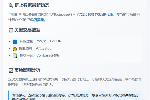 特朗普团队转72万枚TRUMP至Coinbase