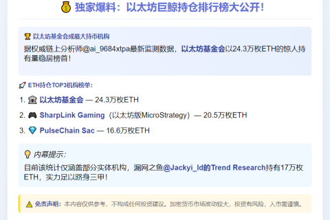 ETH最大持仓：以太坊基金会持24.3万枚
