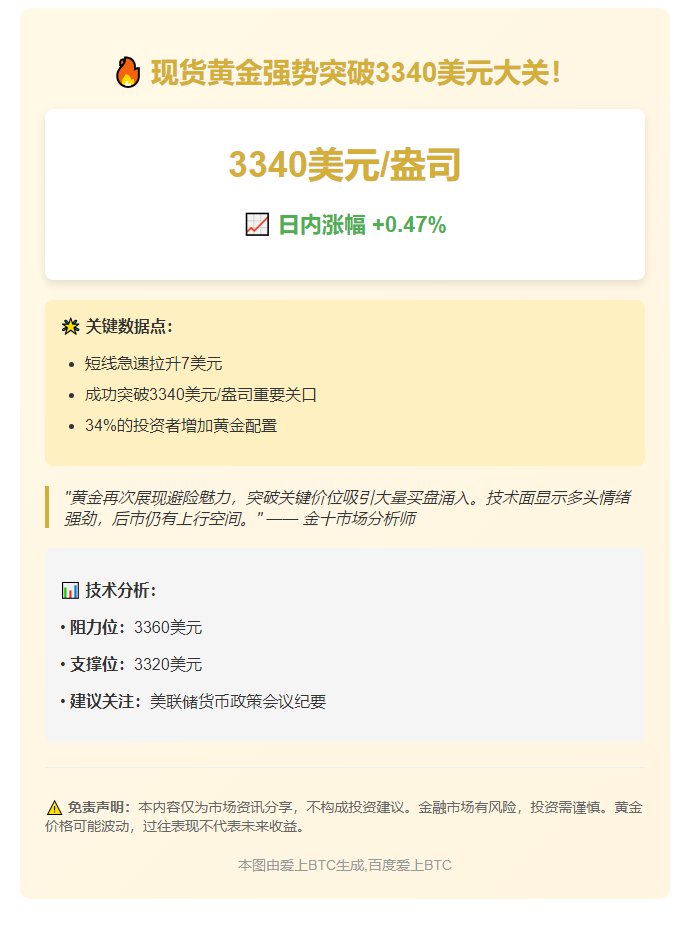 "黄金突破3340美元"