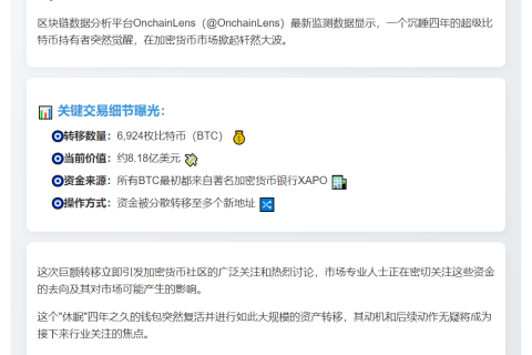 四年比特币巨鲸苏醒 转移8.18亿美元BTC