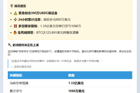 巨鲸再补300万保证金 BTC浮亏超千万