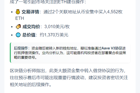 两疑似关联钱包购入4522枚ETH