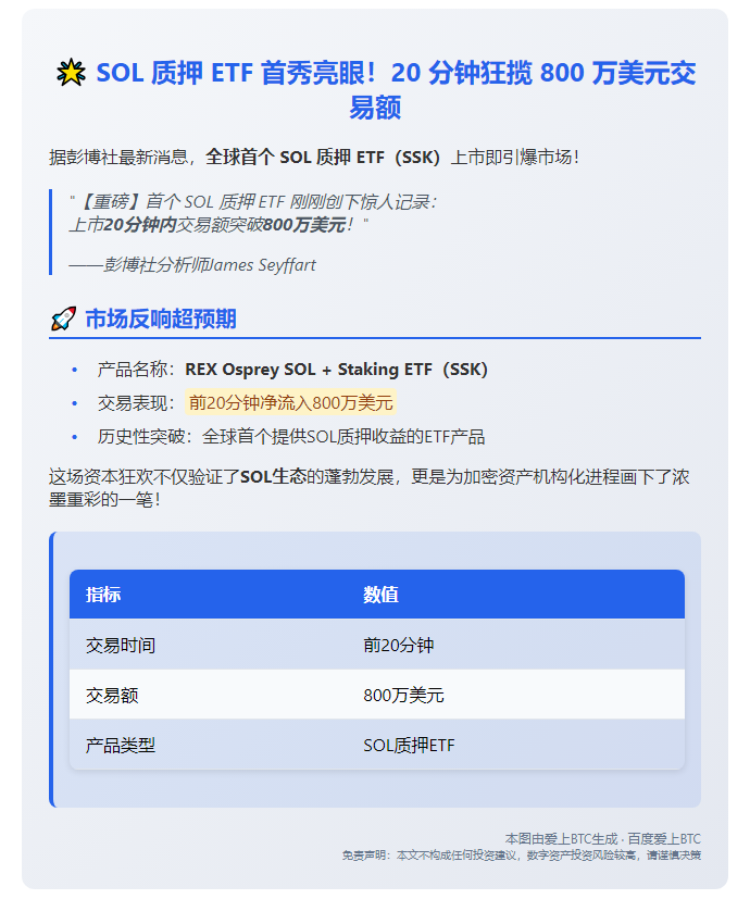 "SOL 质押 ETF 上市首 20 分钟交易额达 800 万美元"
