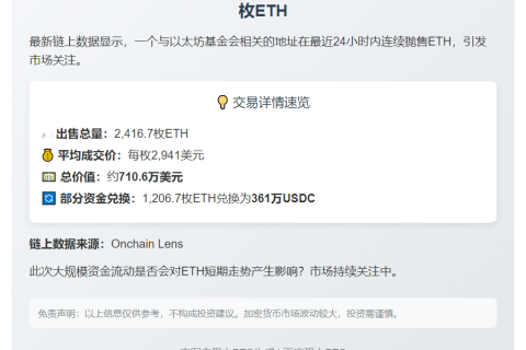 某基金会地址24小时抛售2416枚ETH