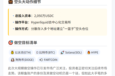 鲸鱼存入2050万USDC做空