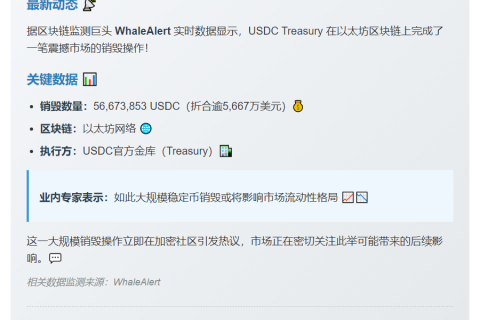 USDC Treasury销毁5667万枚以太坊链上代币