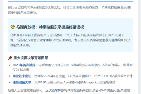 "马斯克：特斯拉股东料将投票投资xAI"