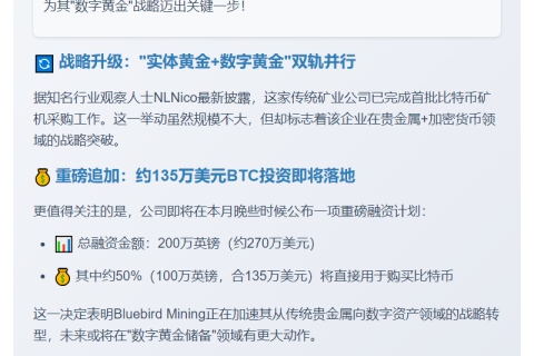 蓝鸟矿业购入比特币矿机并计划增持135万美元BTC