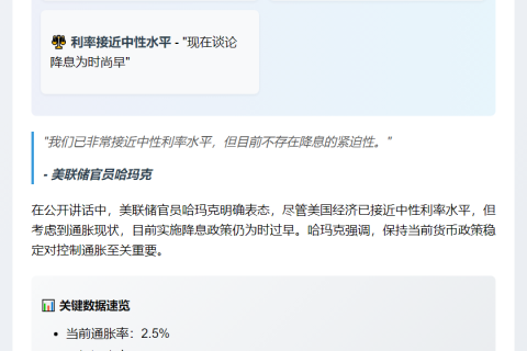 美联储哈玛克：降息尚不迫切