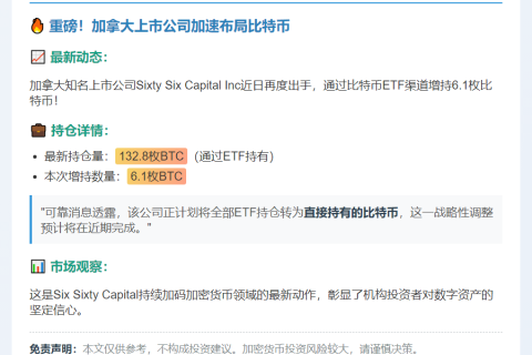 加企Sixty Six Capital增持6.1枚比特币