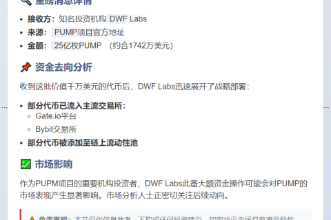 DWF Labs获25亿PUMP，部分转入CEX