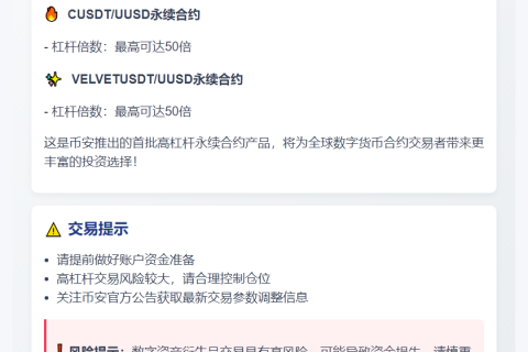 "Binance上线CUSDT、VELVETUSDT永续合约"