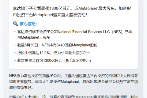 富达子公司持Metaplanet股份12.9%