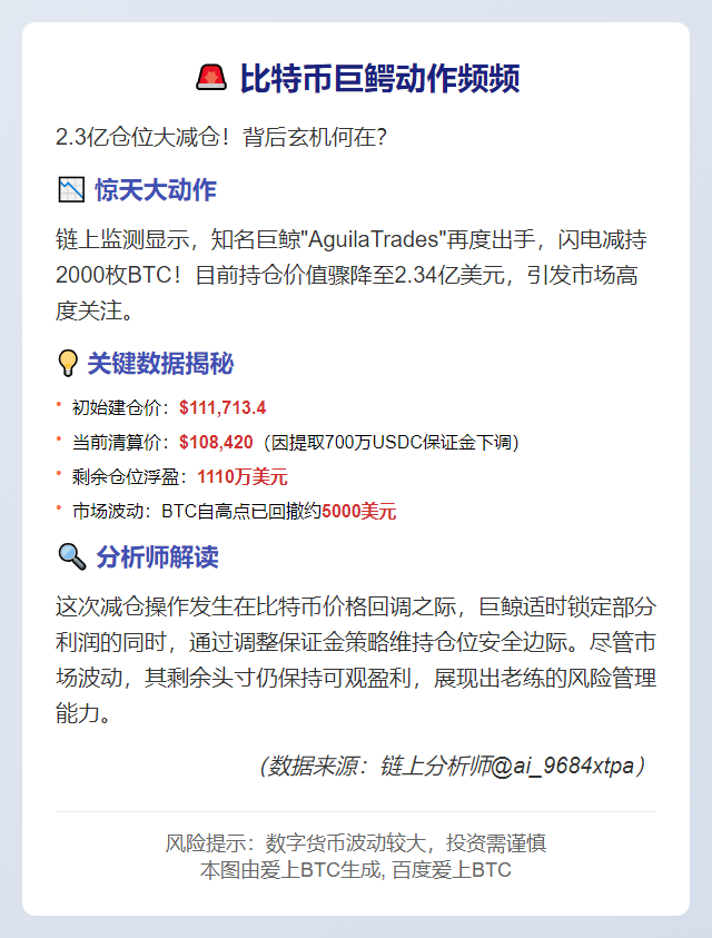 巨鲸减仓2000枚BTC，仓位降至2.34亿