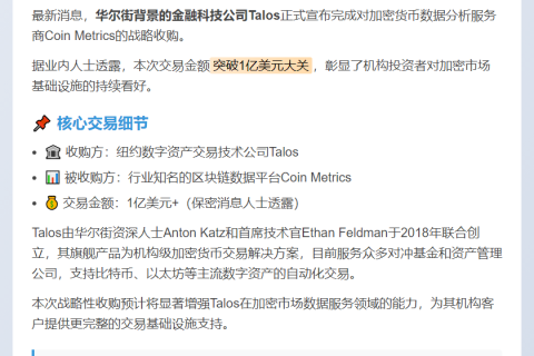Talos斥资超亿美元收购Coin Metrics