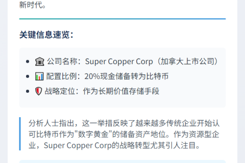 "Super Copper 拟配20%储备于比特币"