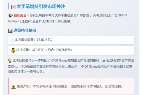 瑞典H100集团增持75.53枚比特币