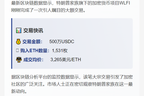 "WLFI斥资500万美元购入1,531枚ETH"