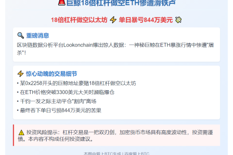 巨鲸18倍杠杆做空ETH单日亏844万刀