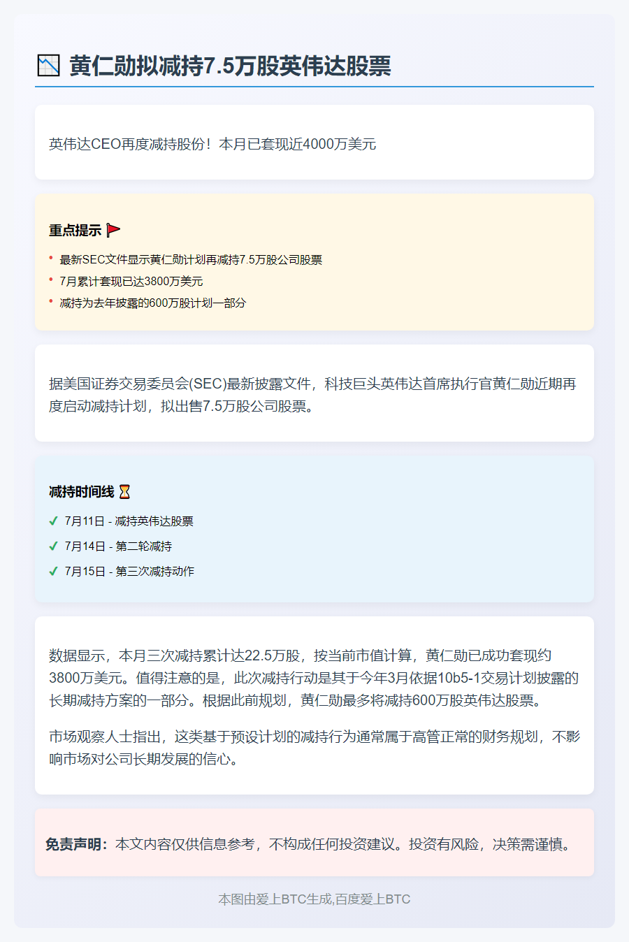 黄仁勋拟减持7.5万股英伟达股票