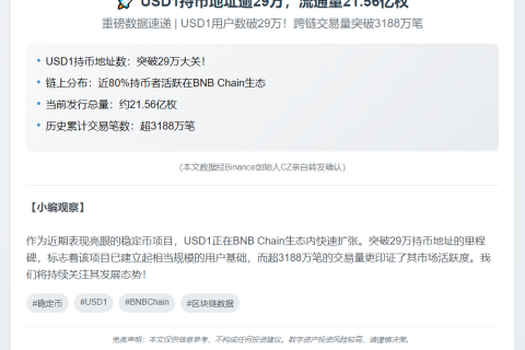 "USD1持币地址逾29万，流通量21.56亿枚"