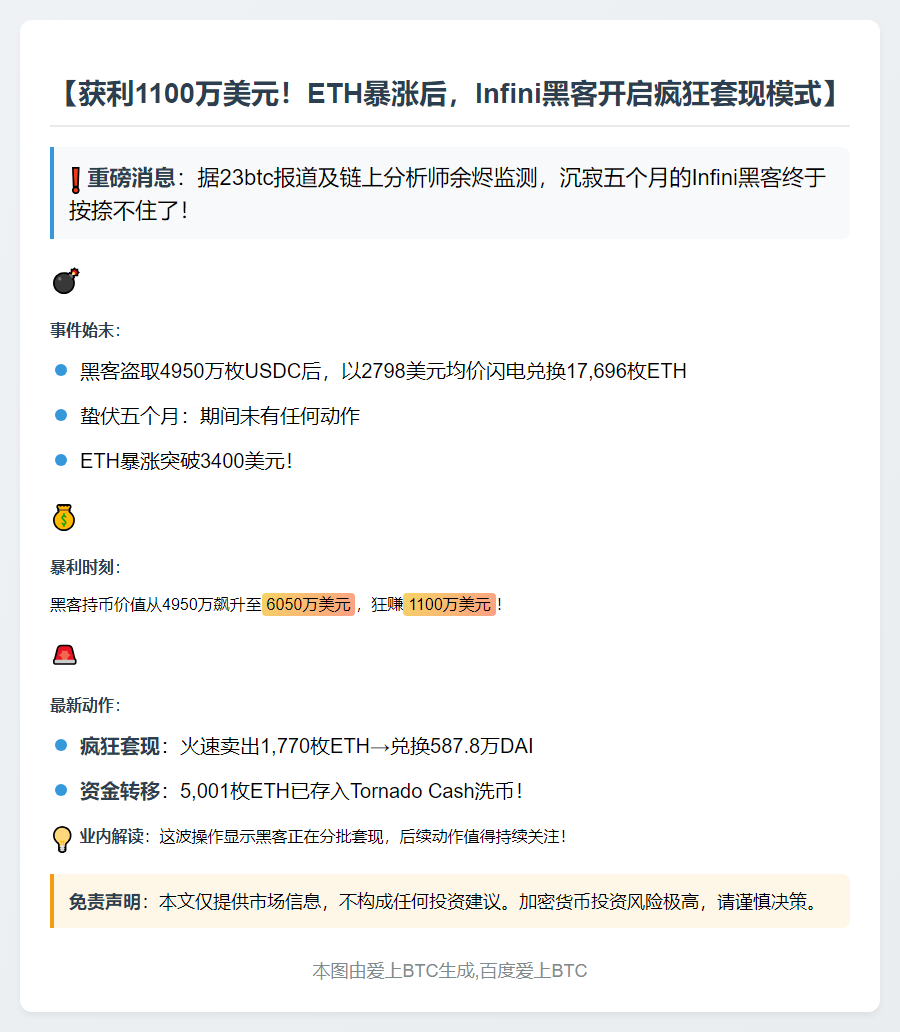 Infini黑客套现1100万ETH资金