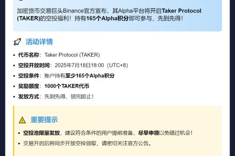 Binance：TAKER空投需165分