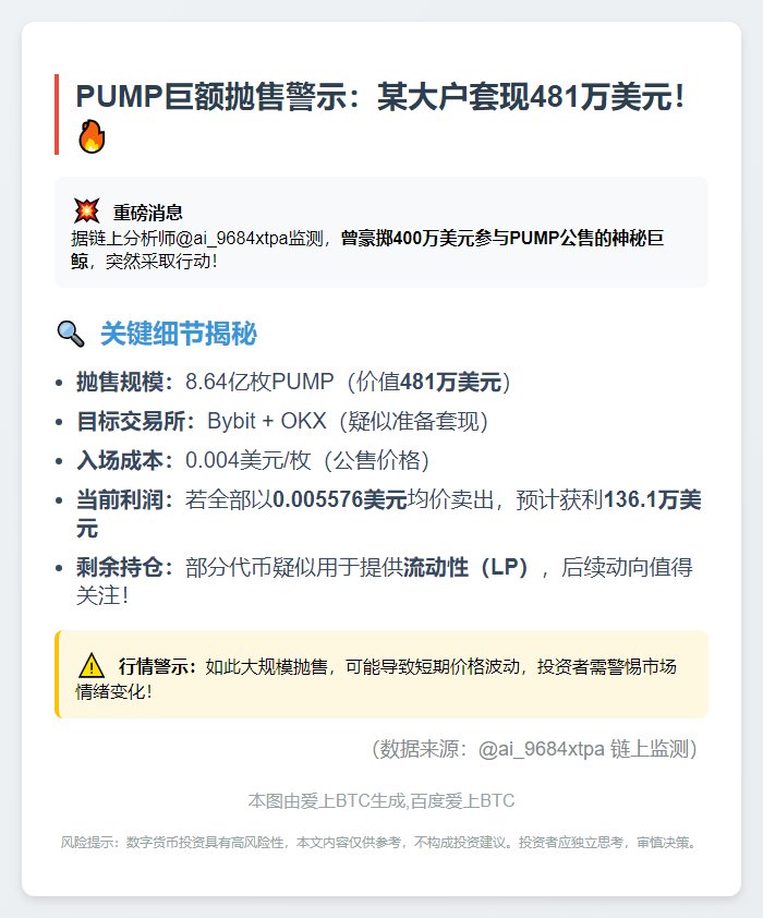 大户转8.64亿PUMP至CEX，价值481万美元