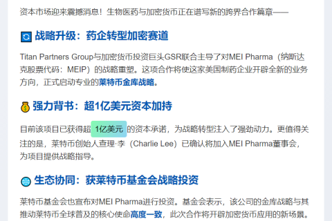 MEI Pharma获1亿美元启动莱特币金库