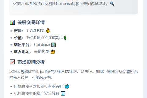 7743枚BTC转出Coinbase，价超9.16亿