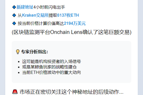 新地址从Kraken提币6137枚ETH