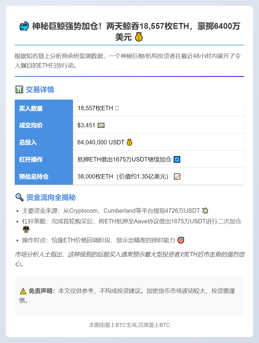 巨鲸两日囤18,557枚ETH 均价3451美元