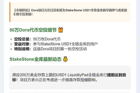 Dora空投50万枚奖励StakeStone金库用户