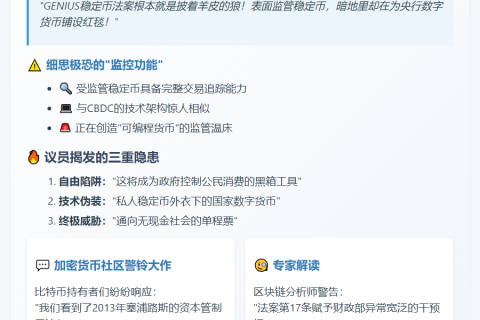 美议员警告：GENIUS法案隐藏CBDC威胁