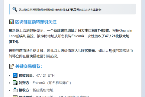 47,121枚ETH转至新地址 价值1.67亿美元