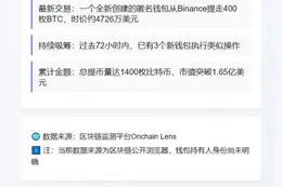 新钱包从Binance提取400枚BTC，价值4726万美元