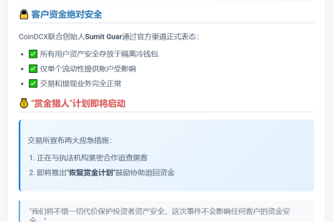 1. **CoinDCX保障用户资产，重启赏金计划**  
2. **CoinDCX承诺资金安全，恢复赏金计划**  
3. **CoinDCX确保资产安全，重启奖励方案**  
4. **CoinDCX用户资金安全，赏金计划回归**  
5. **CoinDCX重申安全承诺，赏金计划将启动**