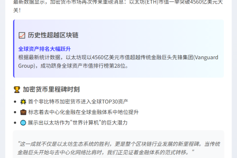 以太坊市值超越先锋集团跻身全球前30