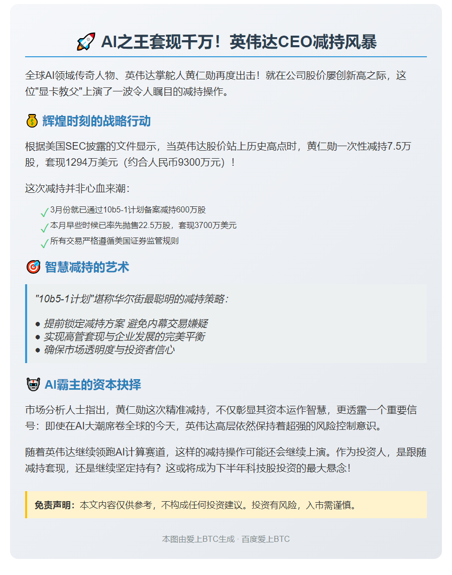 黄仁勋套现英伟达超千万美元