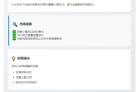 ETH涨破2600美元
