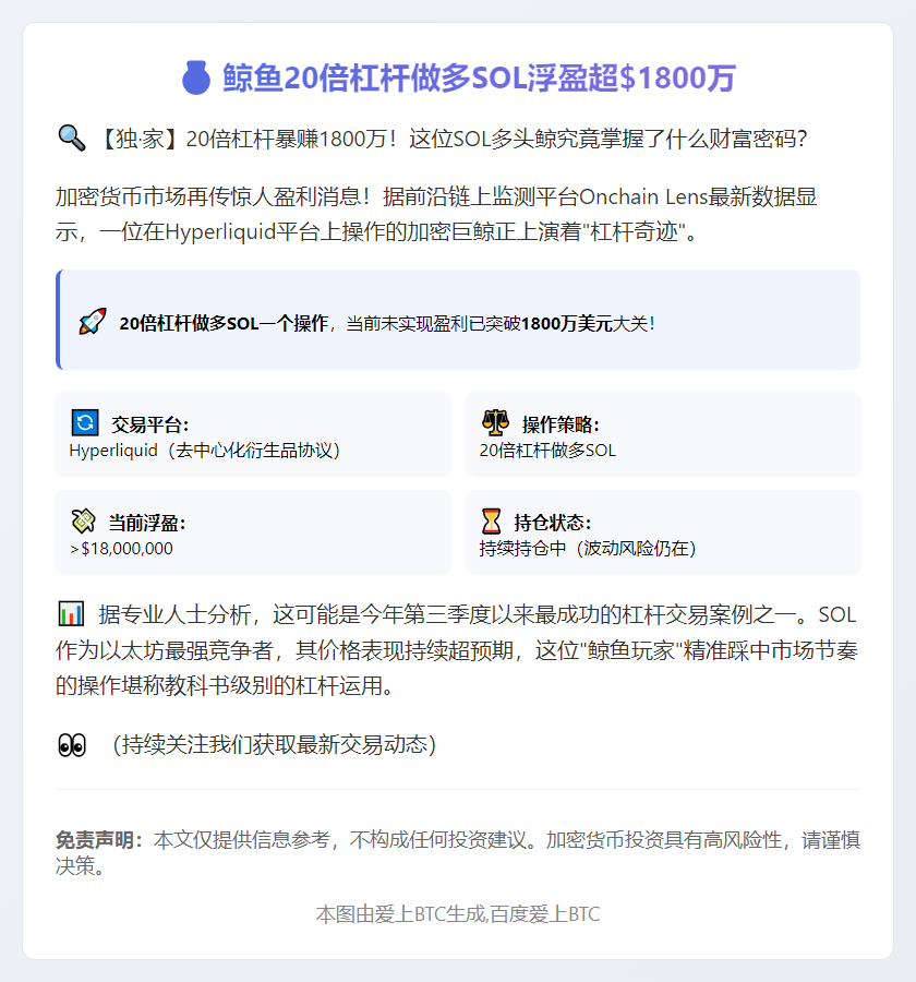 "鲸鱼20倍杠杆做多SOL浮盈超00万"