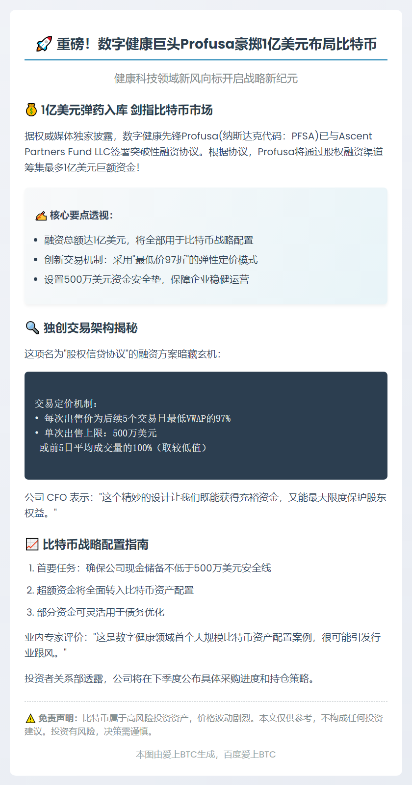 Profusa获1亿美元信贷 启动比特币财库战略