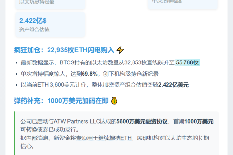 BTCS增持ETH获1000万美元资金